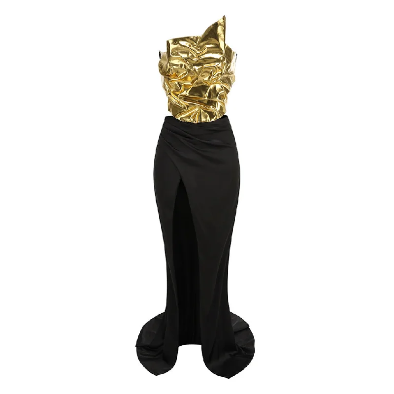 Metallic Gathered Leather Lace Up Top High Slit Satin Skirt Matching Set athletic skirt fit Metallic Gathered Leather Lace Up Top High Slit Satin Skirt Matching Set athletic skirt fit