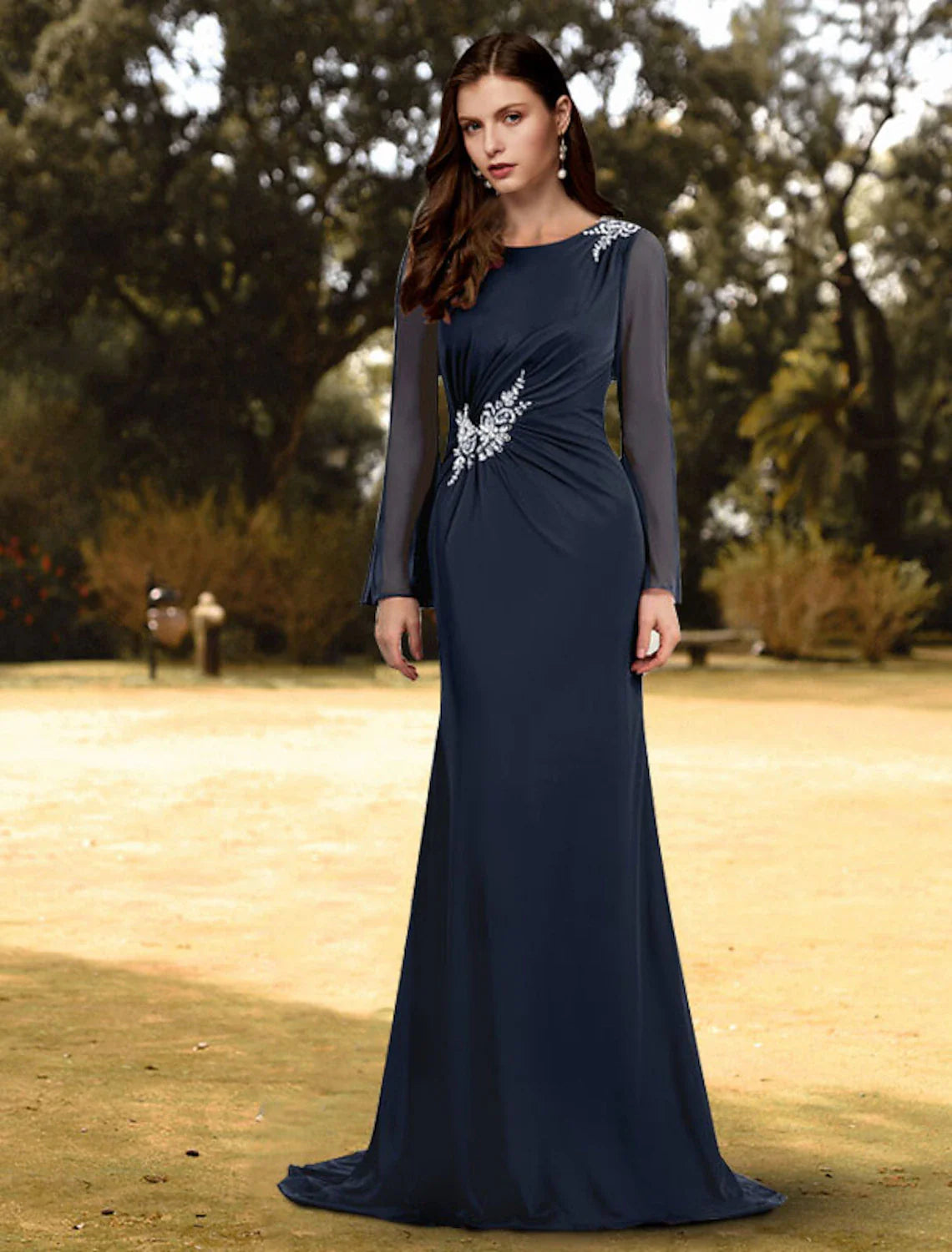 Sheath / Column Evening Gown Empire Dress Wedding Guest Formal Evening Sweep / Brush Train Long Sleeve Jewel Neck Chiffon with Sash / Ribbon Pure Color Shouder Flower empire Waist empire Sheath / Column Evening Gown Empire Dress Wedding Guest Formal Evening Sweep / Brush Train Long Sleeve Jewel Neck Chiffon with Sash / Ribbon Pure Color Shouder Flower empire Waist empire