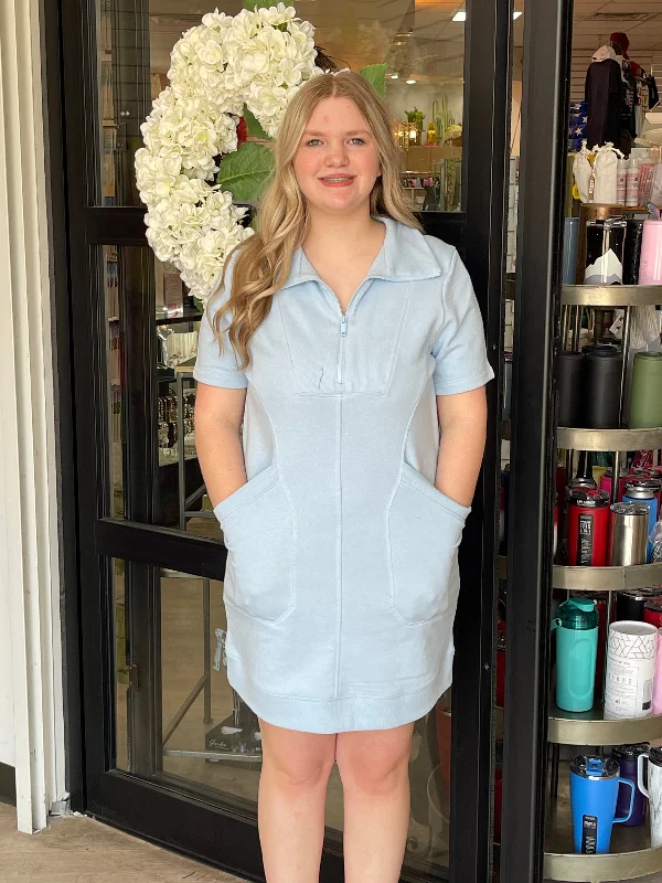 Light Blue Sweatshirt Collared Dress Hoodie with Slit Hem Functional Movement