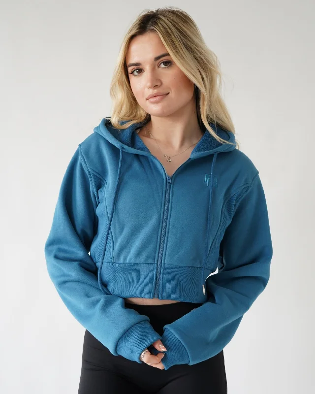 Lounge Cropped Zip-Up Hoodie - Cyan Hoodie with Applique Textured Unique