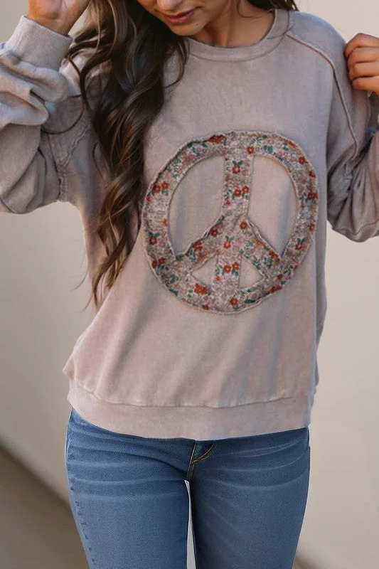 Mocha Floral Peace Sign Sweatshirt Hoodie with Turtle Neck Cozy Winter