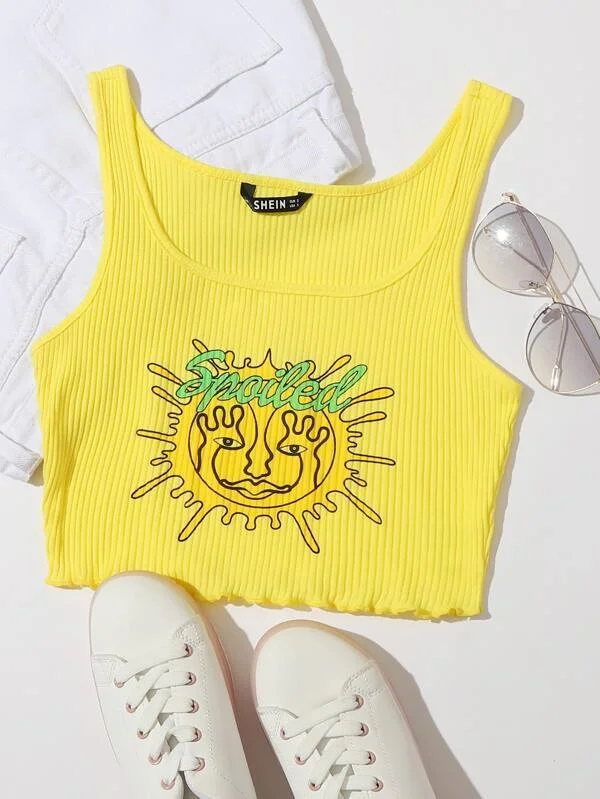 Letter and Graphic Print Lettuce Edge Crop Tank Top lounge tank top