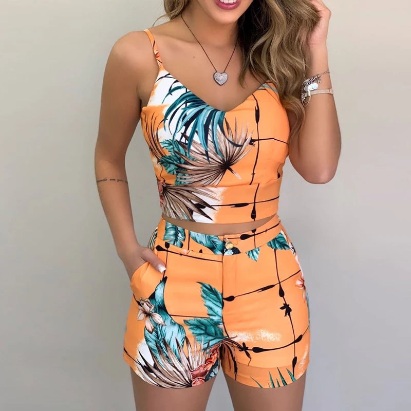 hirigin Women Shorts Suits 2Pieces Sets Summer Office Lady Floral Strap Tank Crop Top+High Waist Button Shorts Female Outfits v-neck tank top hirigin Women Shorts Suits 2Pieces Sets Summer Office Lady Floral Strap Tank Crop Top+High Waist Button Shorts Female Outfits v-neck tank top