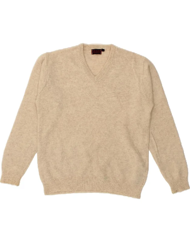 SLAM Womens V-Neck Jumper Sweater UK 14 Large Beige Wool Terry Blend Velvet Blend Canvas Blend