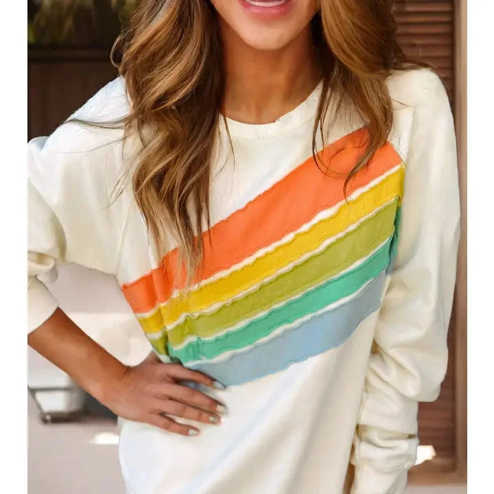 Rainbow Colorblock Sweatshirt Hoodie with Button Classic Timeless