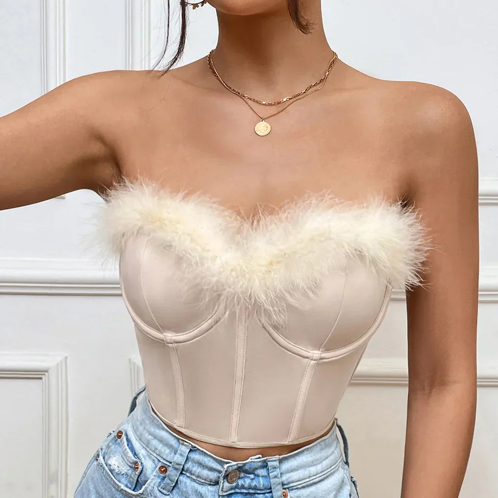 Advbridge-Women Feather Bustier Camisole Bare Shoulder Sleeveless Crop Tops Sexy Strapless Boned Corset Slim Lingerie Tank Top Streetwear adorable tank top