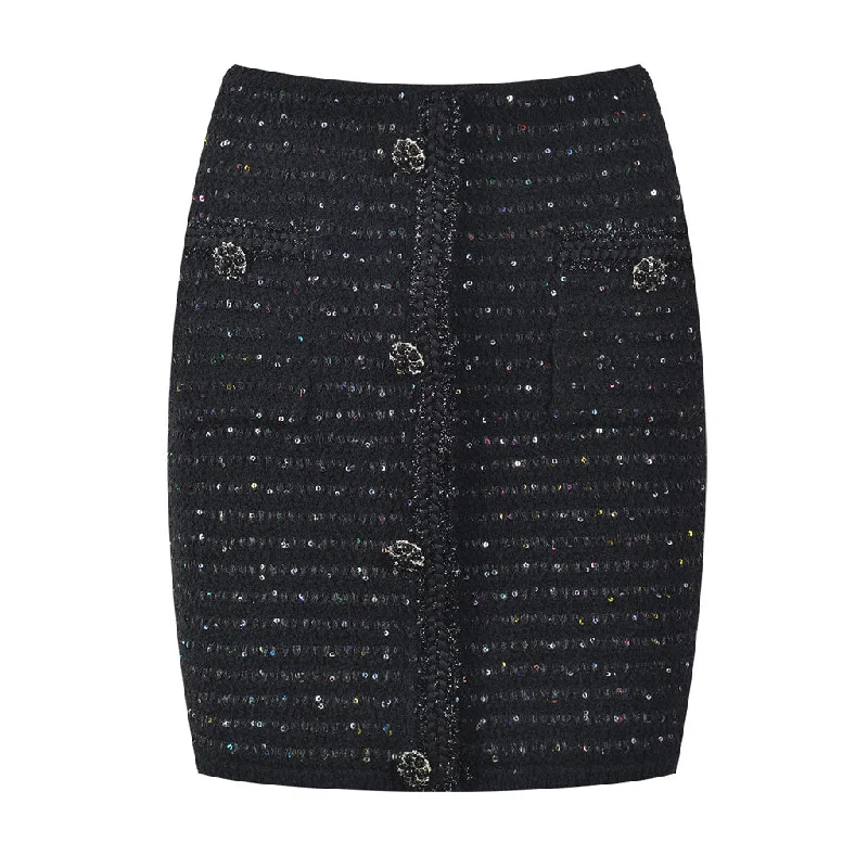 Sparkly Crystal Button High Waist Patch Pocket Bodycon Sequin Knit Mini Skirt a-line skirt cut Sparkly Crystal Button High Waist Patch Pocket Bodycon Sequin Knit Mini Skirt a-line skirt cut