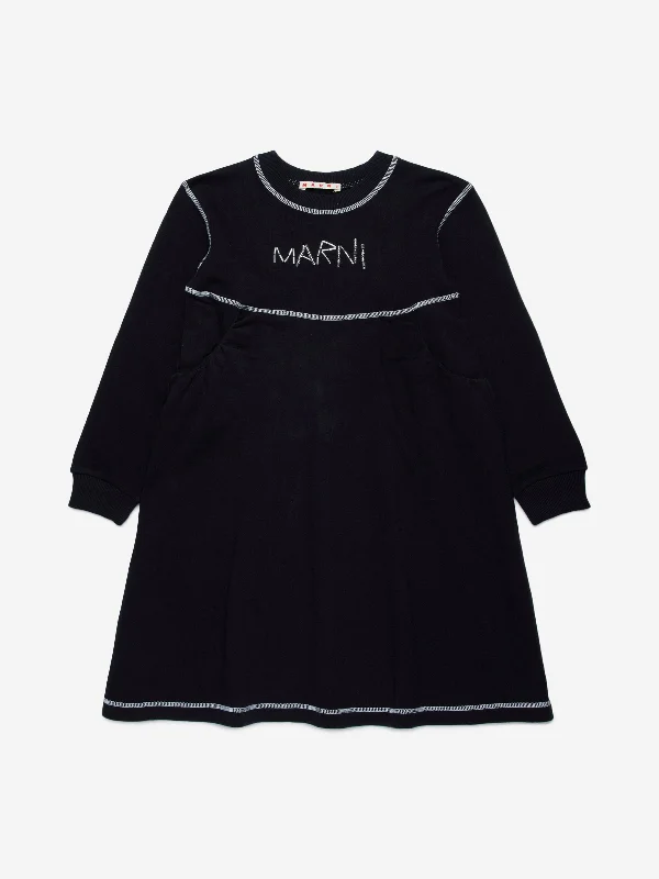 MARNI Girls Sweater Dress in Black Denim Fabric Leather Fabric Suede Fabric