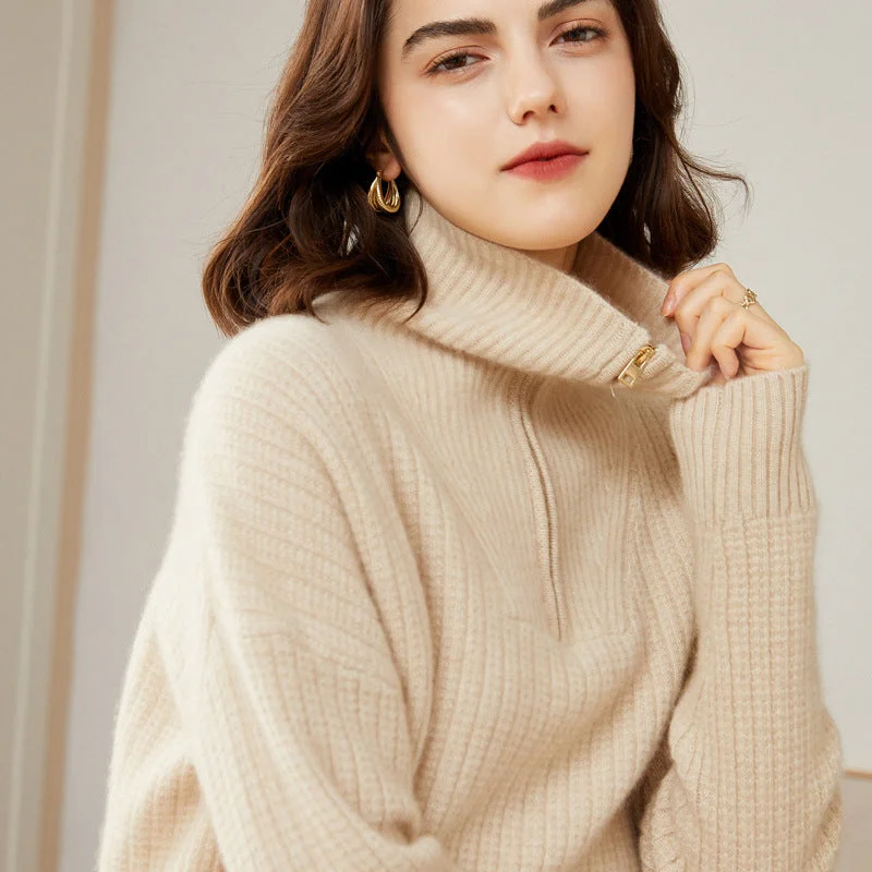 Women's 100% Pure Cashmere Sweater Half Turtleneck Autumn and Winter Zip Half Open Collar Warm Cashmere Sweater Real Fur Shearling Chenille Women's 100% Pure Cashmere Sweater Half Turtleneck Autumn and Winter Zip Half Open Collar Warm Cashmere Sweater Real Fur Shearling Chenille