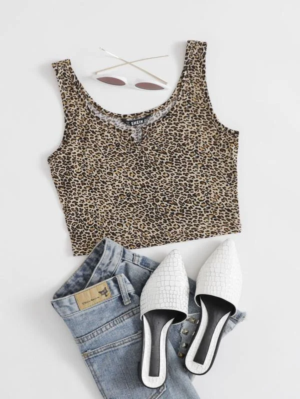 Notched Neck Leopard Tank Top cherry red tank