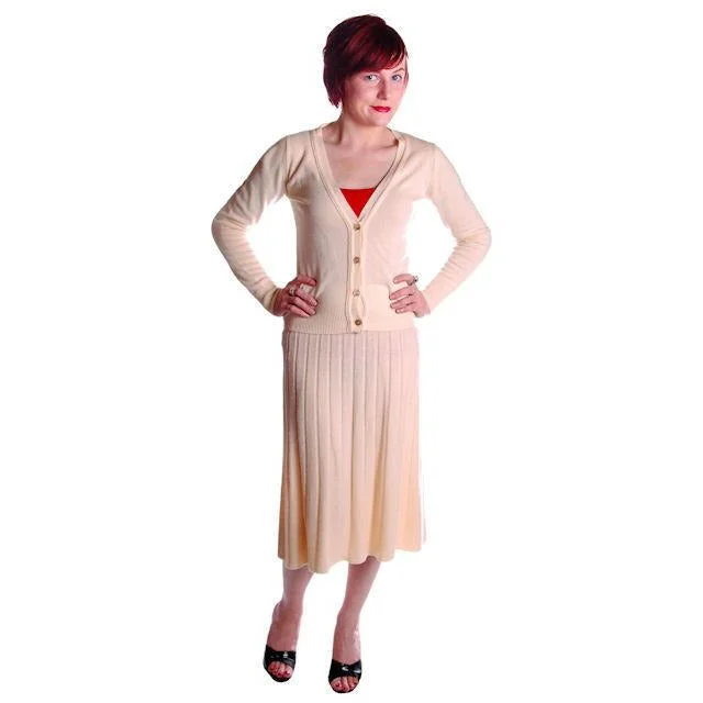 Vintage Womens Size S Cashmere Sweater Suit 1950s Cream Secretary Rockabilly Notch Collar Peter Pan Collar Cowl Neck Vintage Womens Size S Cashmere Sweater Suit 1950s Cream Secretary Rockabilly Notch Collar Peter Pan Collar Cowl Neck