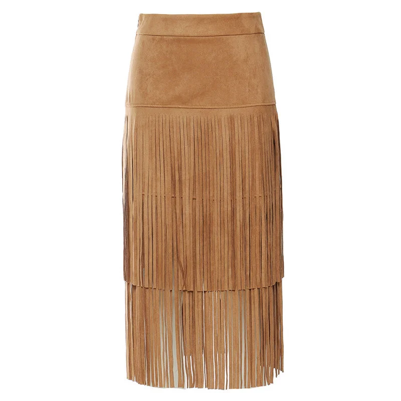 Western Style Solid Color Faux Suede Tiered Fringe Midi Skirt leather skirt sleek
