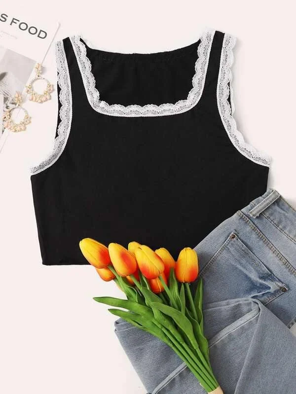 Contrast Scalloped Lace Tank Top halter tank top