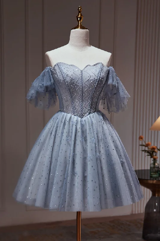 Dusty Blue Beading Off The Shoulder Tulle Short Homecoming Dresses Tunics Prom sequined Dusty Blue Beading Off The Shoulder Tulle Short Homecoming Dresses Tunics Prom sequined