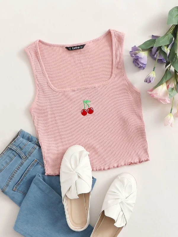 Lettuce Trim Rib-knit Cherry Embroidered Tank Top scoop neck tank