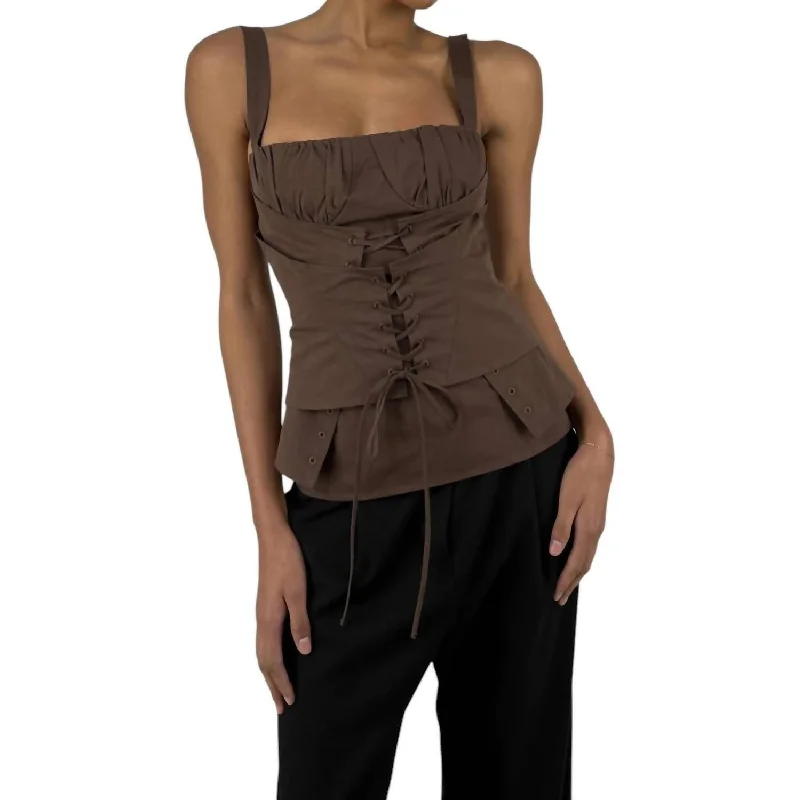 Double Layer Lace Up Corset Tank In Brown seamless tank top