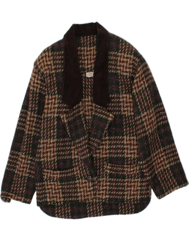 SABBIA Womens 1 Button Blazer Jacket UK 14 Large Brown Check Faux Fur Jacket Real Fur Jacket Shearling Jacket
