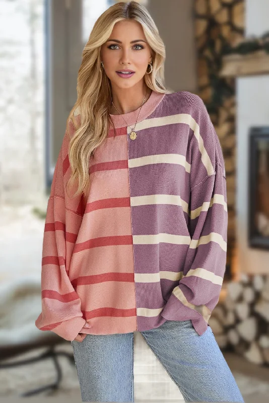 Crew Neck Striped Sweatshirt - Orchid and Pink Hoodie with Full-Zip Functional Layering