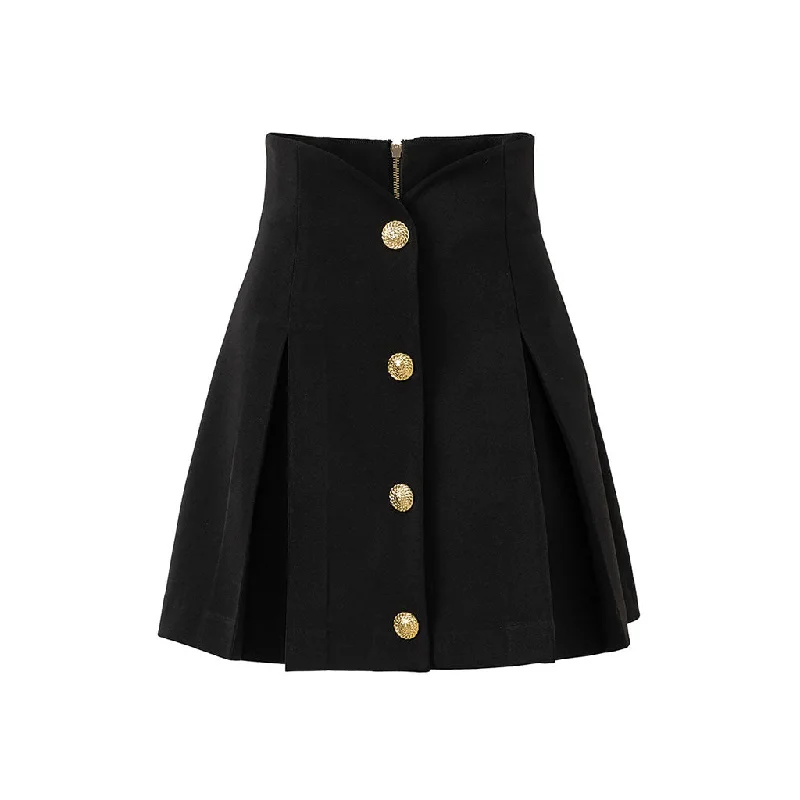 Minimalist High Waist Gold Button Trim Godet Paneled A Line Skater Mini Skirt summer skirt style Minimalist High Waist Gold Button Trim Godet Paneled A Line Skater Mini Skirt summer skirt style