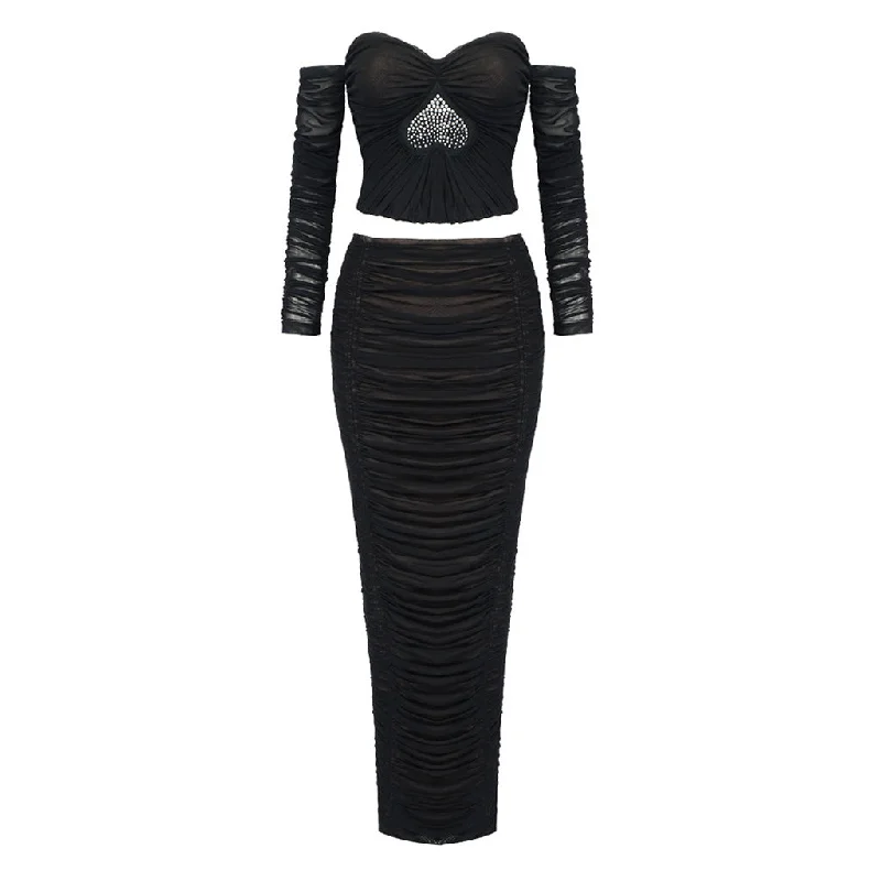 Sexy Crystal Off Shoulder Ruched High Waist Skirt Mesh Bandage Matching Set modal blend skirt Sexy Crystal Off Shoulder Ruched High Waist Skirt Mesh Bandage Matching Set modal blend skirt