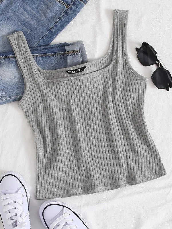 Solid Rib-knit Form Fitted Tank Top gold tank top