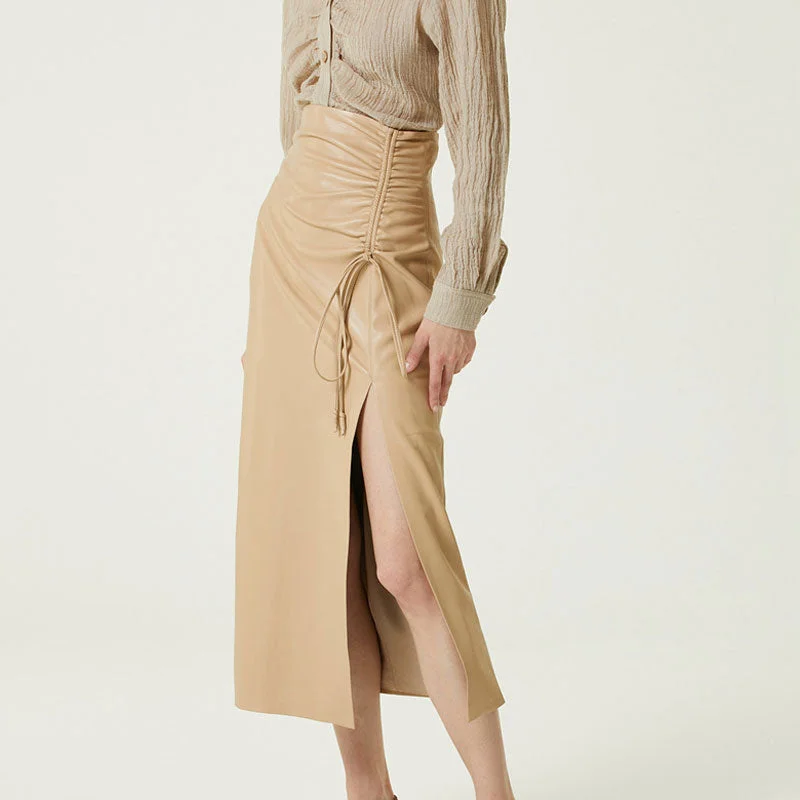 Sleek Drawstring Ruched High Waist Front Slit Vegan Leather Midi Skirt - Khaki chiffon skirt flowing Sleek Drawstring Ruched High Waist Front Slit Vegan Leather Midi Skirt - Khaki chiffon skirt flowing