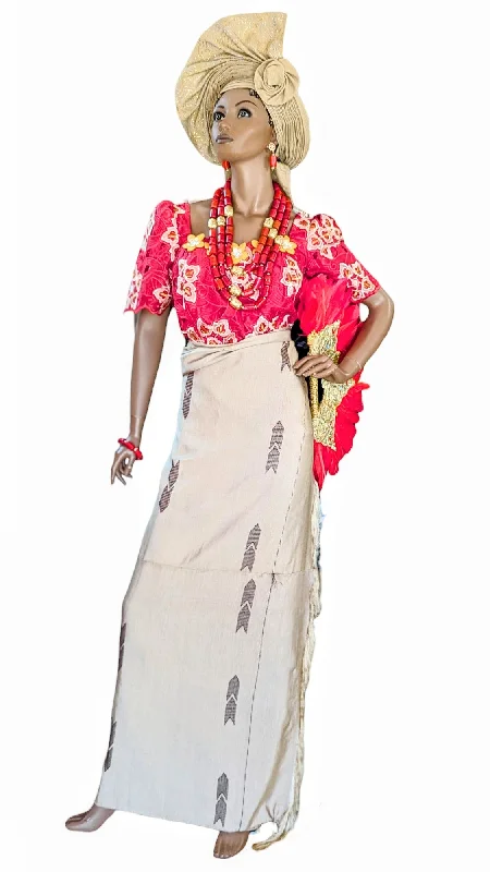 Dupsie's Igbiruba Fusion: Red Gold Beige Lace Top with Tan and Brown Aso Oke Iro Wrap Skirt DPIM035TW wrap skirt elegant