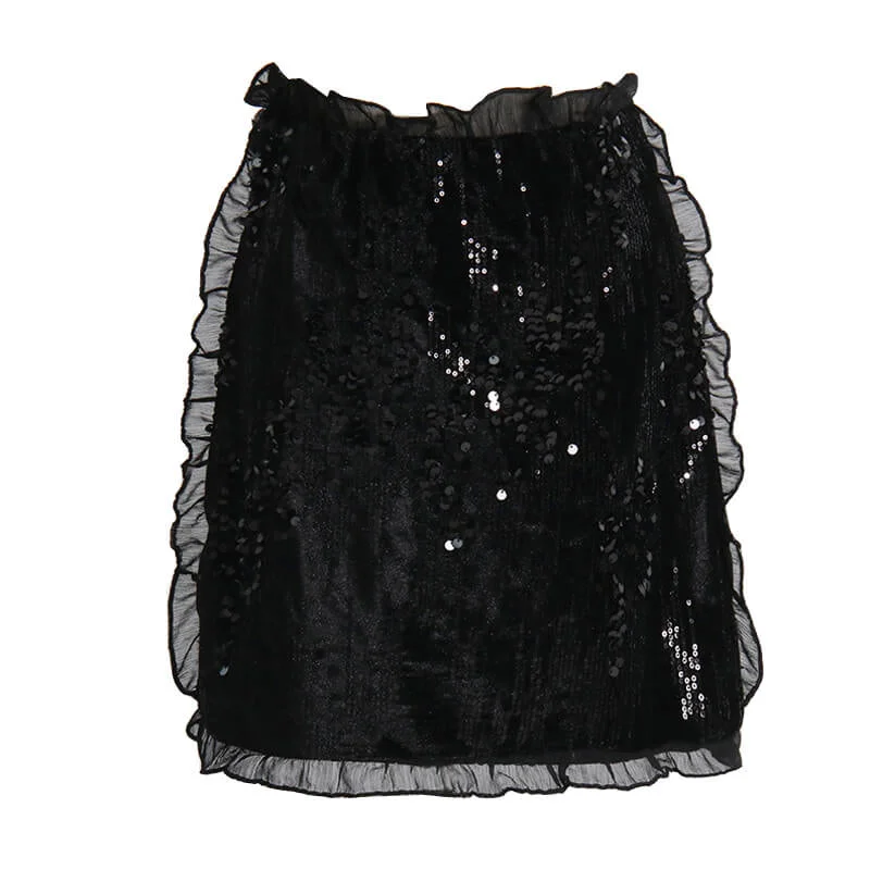 Shimmering Sequin Embellished Layered Ruffled Trim High Waist Mini Skirt ruffled skirt detail Shimmering Sequin Embellished Layered Ruffled Trim High Waist Mini Skirt ruffled skirt detail