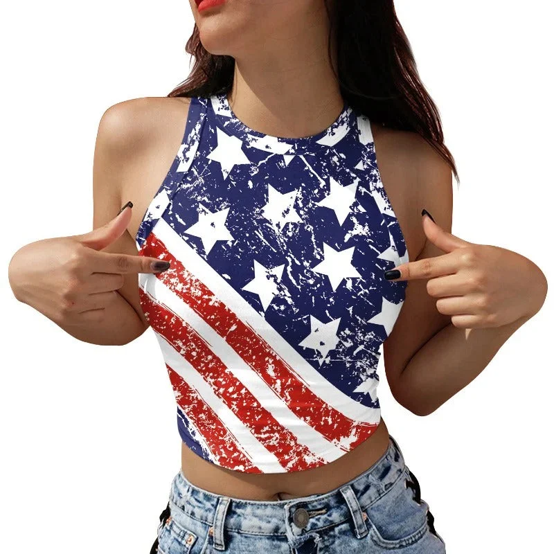 Wholesale American Independence Day Flag Print Sleeveless Off Shoulder Tank Top workout tank top