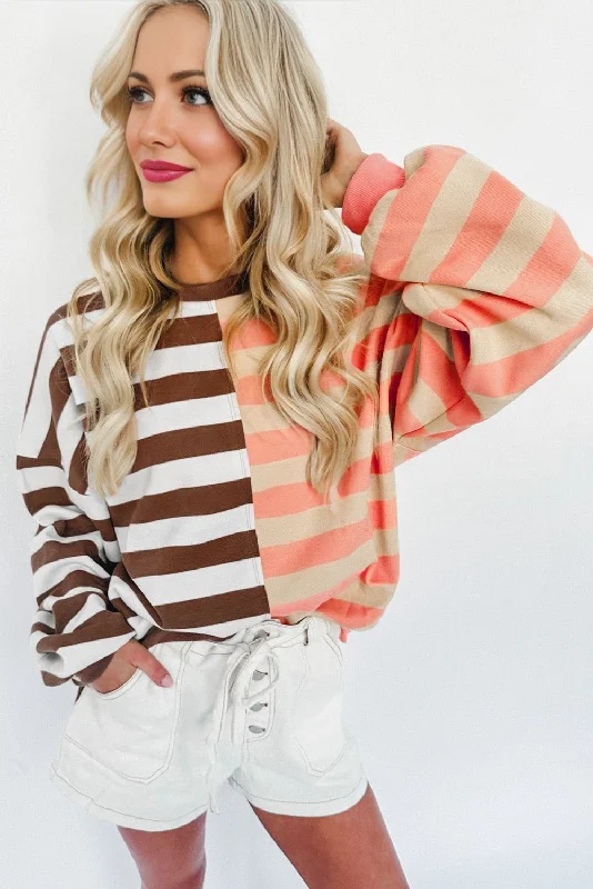 Crew Neck Striped Sweatshirt - Brown and Peach Hoodie with Belted Waist Structured Tailored