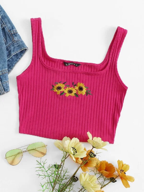 Sunflower Embroidery Rib-knit Crop Tank Top cropped tank top