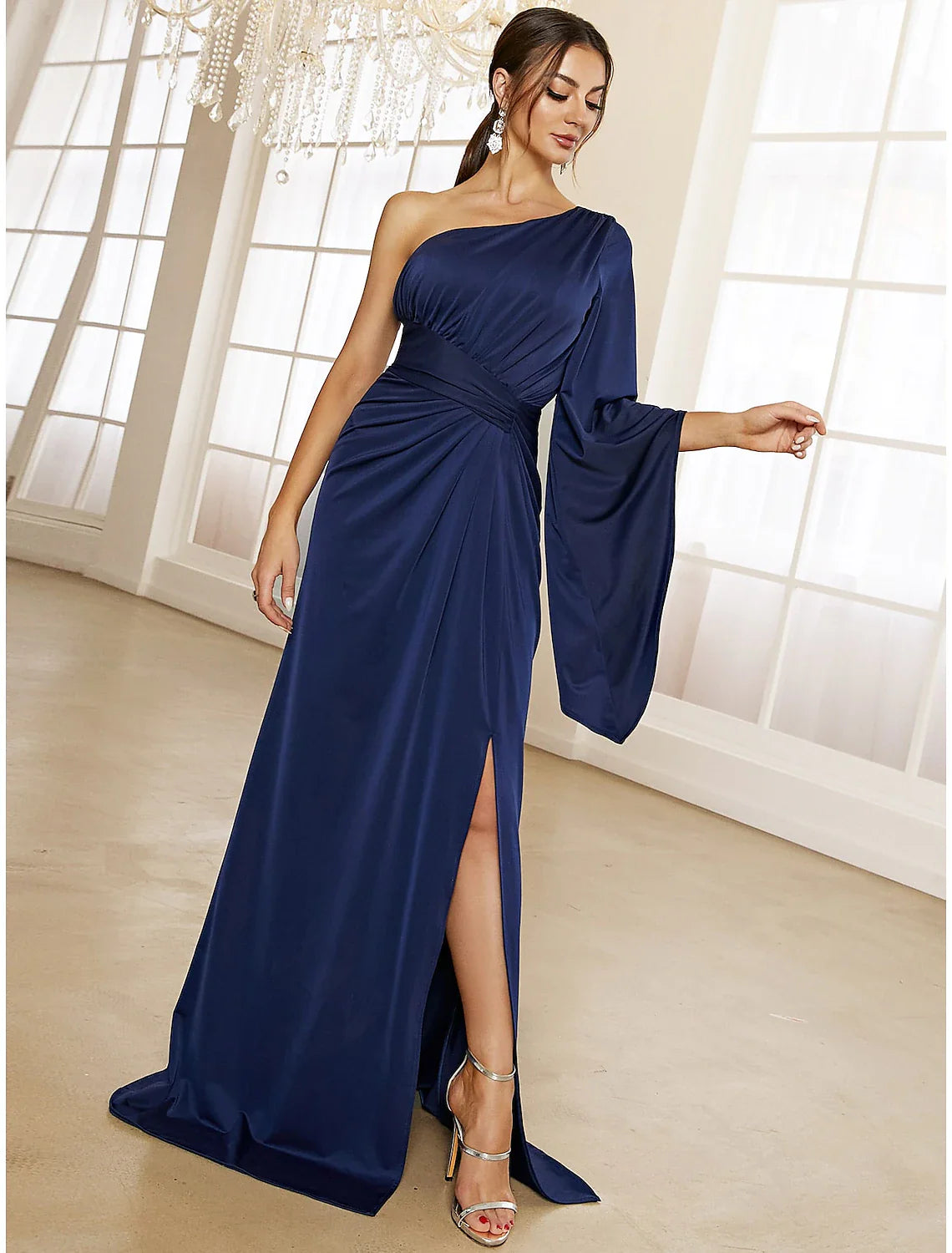 A-Line Evening Gown Elegant Dress Formal Fall Sweep / Brush Train Long Sleeve One Shoulder Stretch Fabric with Pleats Ruched Slit Tunics Stylish elegant A-Line Evening Gown Elegant Dress Formal Fall Sweep / Brush Train Long Sleeve One Shoulder Stretch Fabric with Pleats Ruched Slit Tunics Stylish elegant