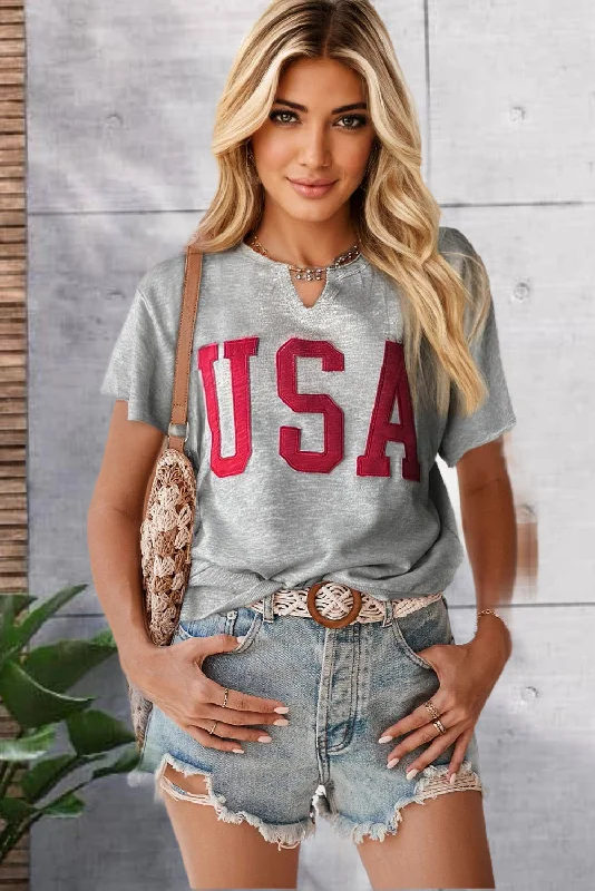 Short Sleeve USA Sweatshirt - Gray Hoodie with Hem Fringe Bohemian Relaxed