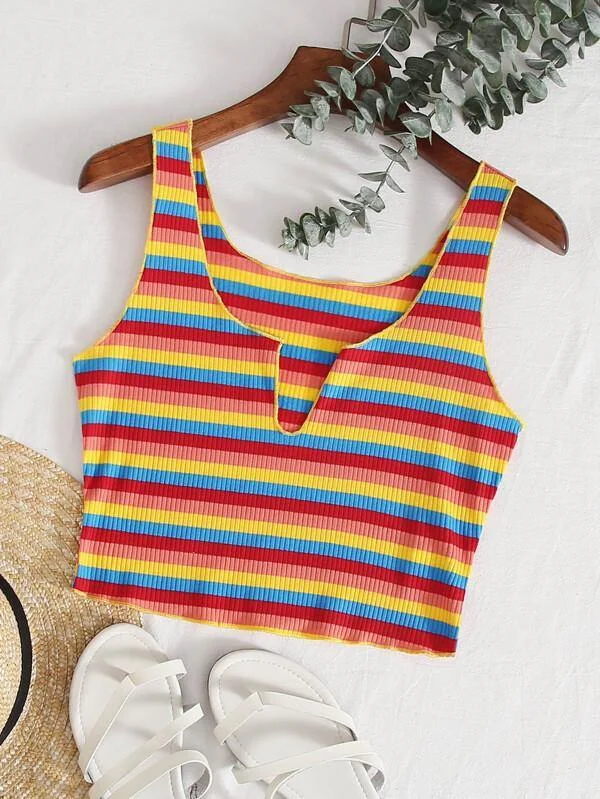 Notch Neck Rib-knit Rainbow Striped Tank Top grey tank top