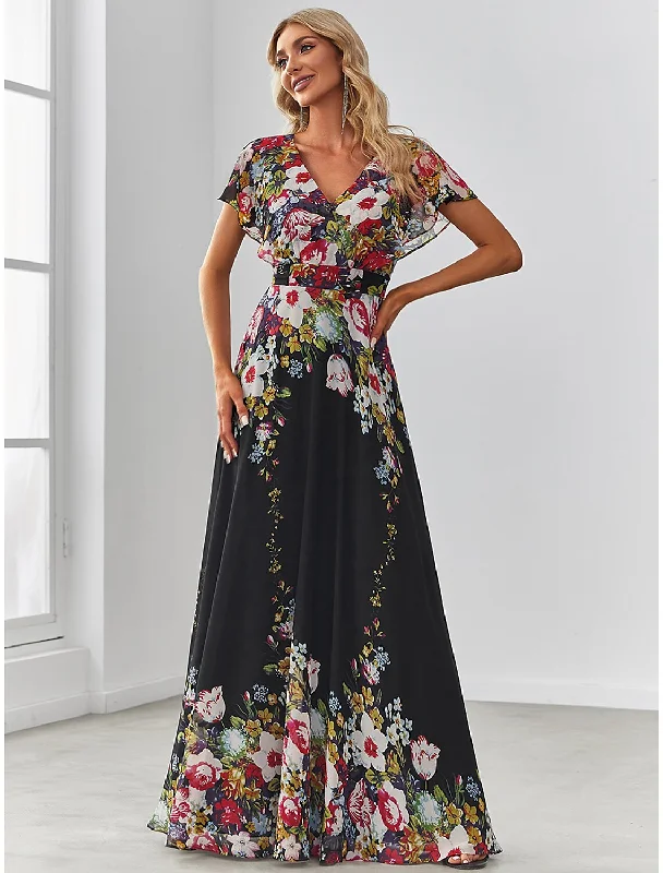 A-Line Evening Gown Floral Dress Birthday Floor Length Short Sleeve V Neck Chiffon with Pattern / Print Tunics Short Trendy A-Line Evening Gown Floral Dress Birthday Floor Length Short Sleeve V Neck Chiffon with Pattern / Print Tunics Short Trendy