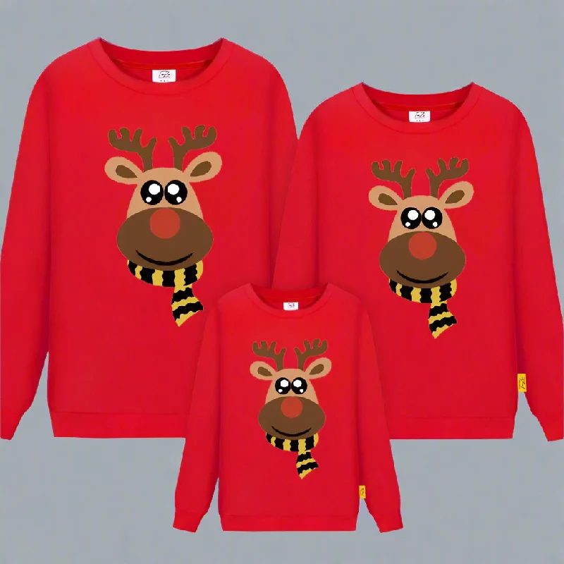 Family Matching Reindeer Christmas Sweatshirts – Festive Winter Style Hoodie with Contrast Stitching Detailed Premium