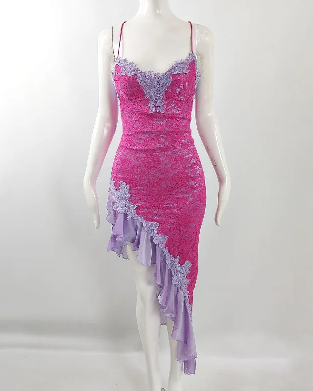 Catwalk Collection Vintage Hot Pink Lace & Purple Chiffon Dress, 2000s Tunics Trousers formal Catwalk Collection Vintage Hot Pink Lace & Purple Chiffon Dress, 2000s Tunics Trousers formal