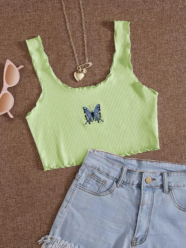 Butterfly Embroidered Rib-Knit Lettuce Trim Tank Top breathable tank top