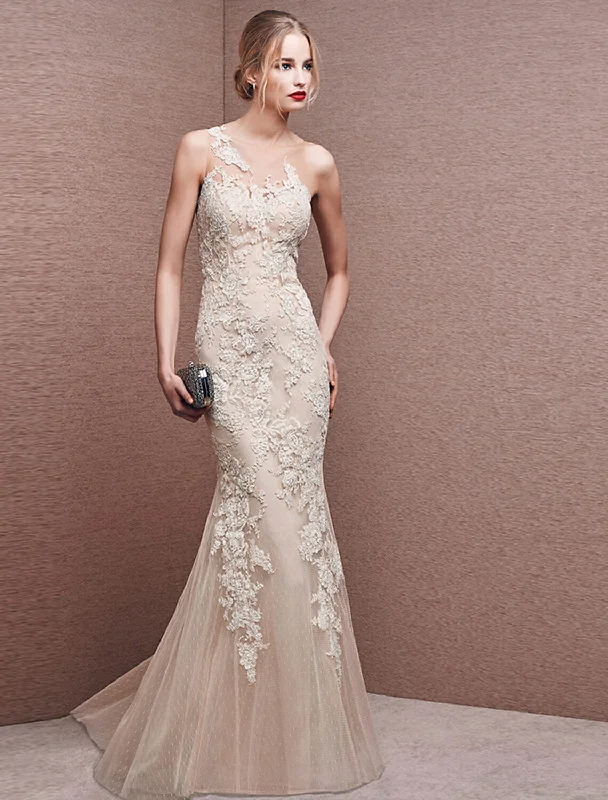 Mermaid / Trumpet Beautiful Back White Engagement Formal Evening Dress Illusion Neck Sleeveless Floor Length Lace with Appliques Tunics Exclusive limited Mermaid / Trumpet Beautiful Back White Engagement Formal Evening Dress Illusion Neck Sleeveless Floor Length Lace with Appliques Tunics Exclusive limited