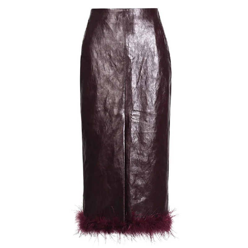 Luxury High Waist Front Split Faux Feather Trim Vegan Leather Pencil Midi Skirt casual skirt length Luxury High Waist Front Split Faux Feather Trim Vegan Leather Pencil Midi Skirt casual skirt length