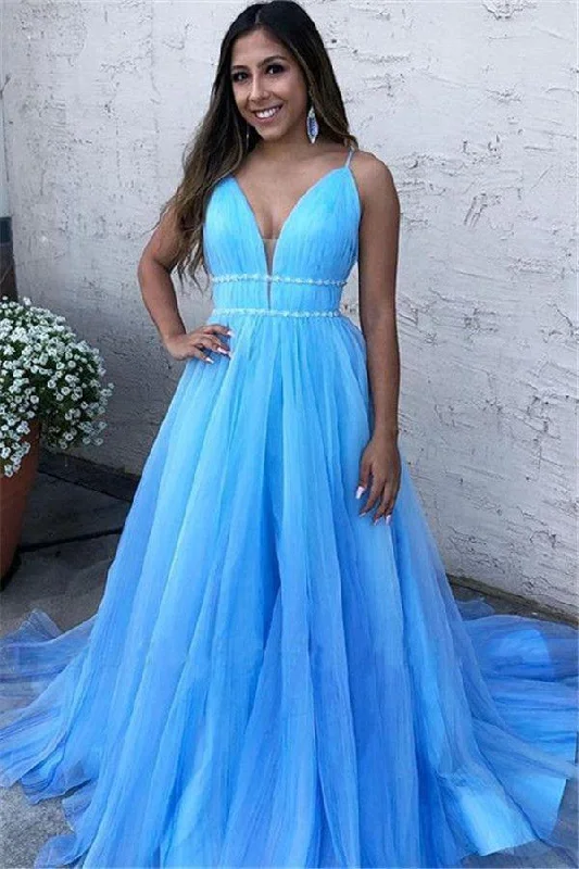 A Line Sky Blue Spaghetti Straps V Neck Tulle Prom Dresses, Cheap Evening Dresses STI15554 A Line Sky Blue Spaghetti Straps V Neck Tulle Prom Dresses, Cheap Evening Dresses STI15554