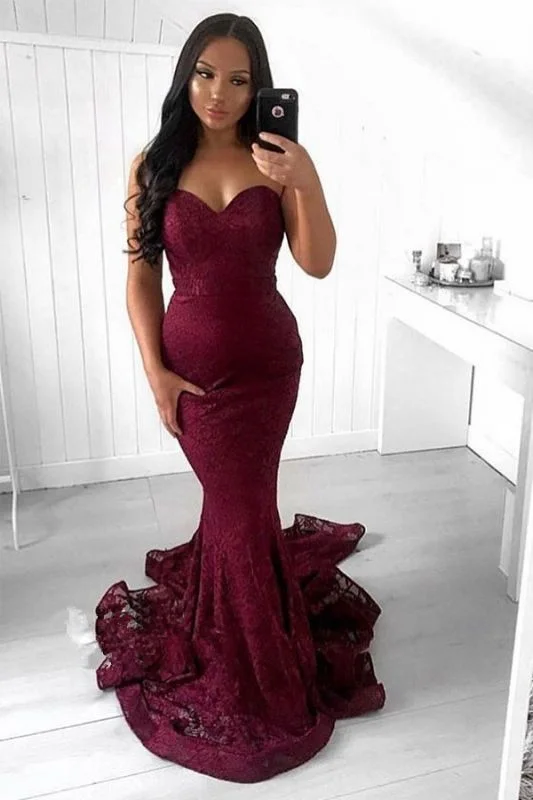 Burgundy Mermaid Strapless Sweetheart Lace Prom Dress C409