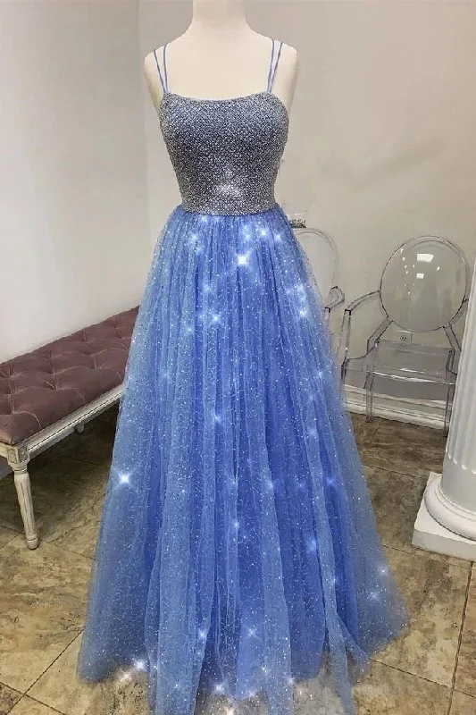 Sparkly A Line Spaghetti Straps Tulle Prom Dresses Beaded Long Evening STI20472