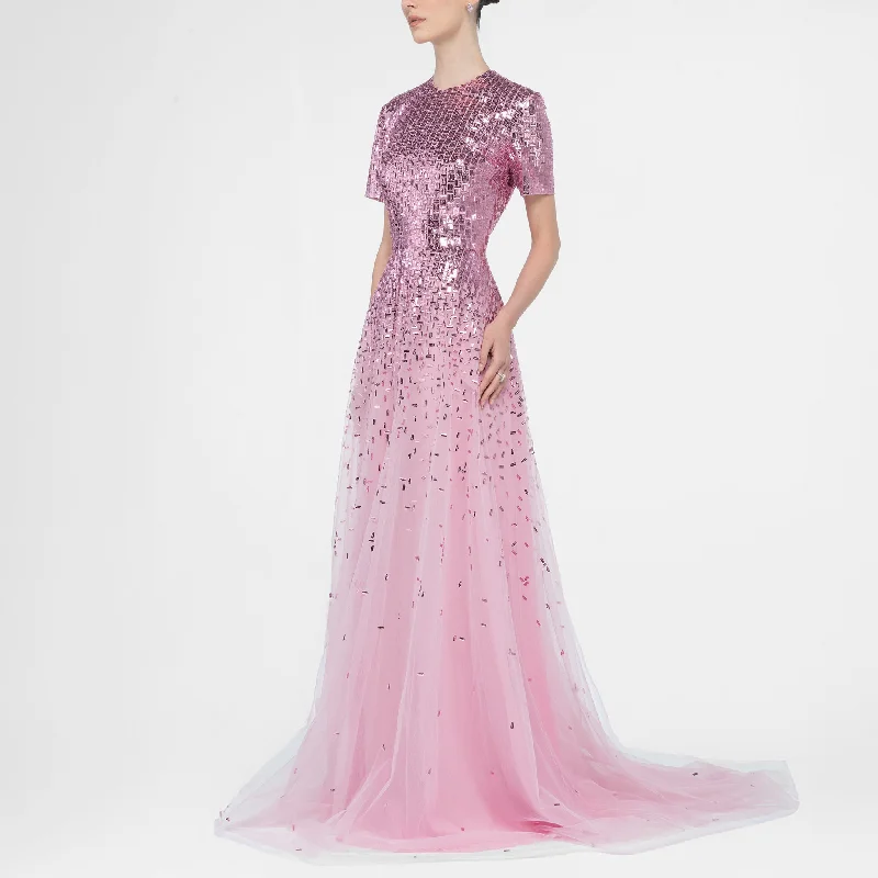 Pink Metallic Tweed Woven Embroidery Beaded Tulle Dress