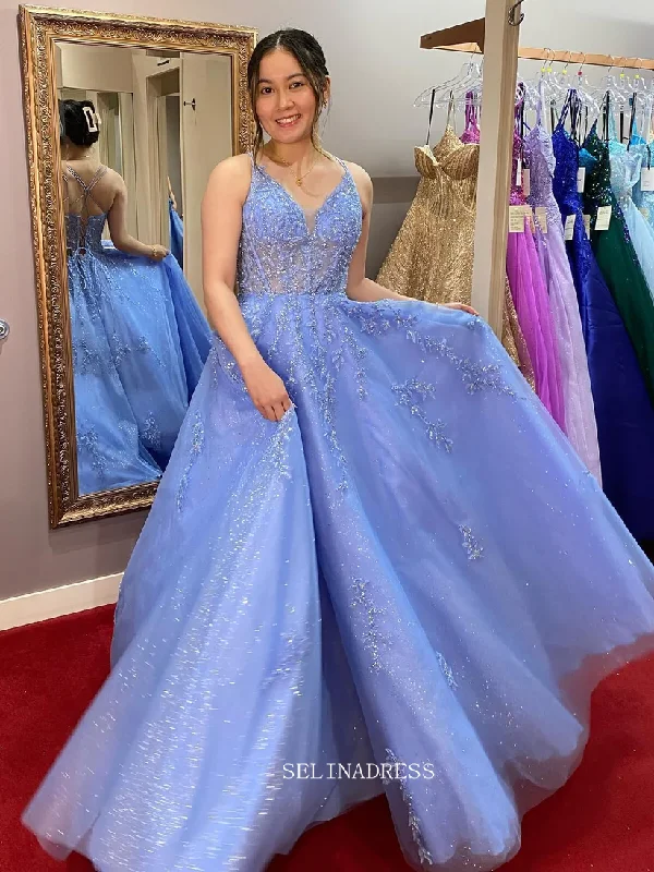 A-line Spaghetti Straps Sparkly Beaded Long Prom Dress sew1054