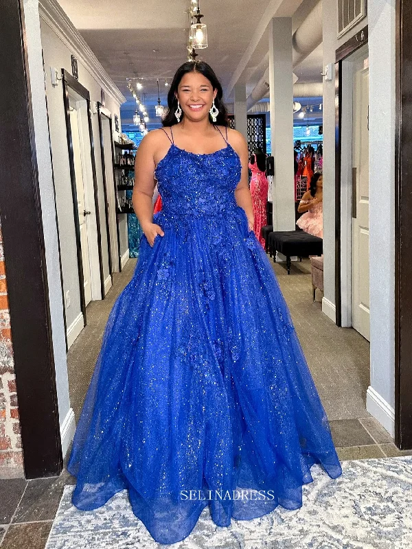 A-line Spaghetti Straps Royal Blue Sparkly Lace Long Prom Dress sew1068
