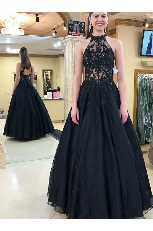 Halter Neckline Black Long Prom Dresses Formal Evening Dress Tulle STIPJHYQ138