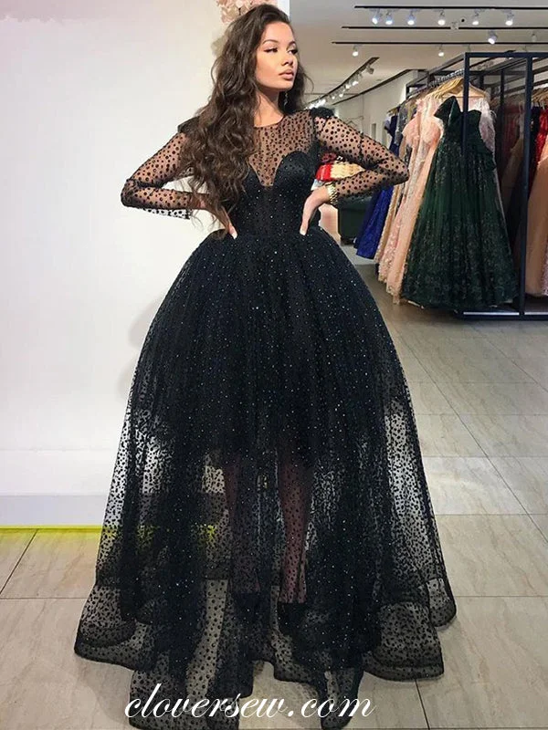 Unique Rhinestoned Tulle Black Long Sleeves Ball Gown Prom Dresses,CP0581