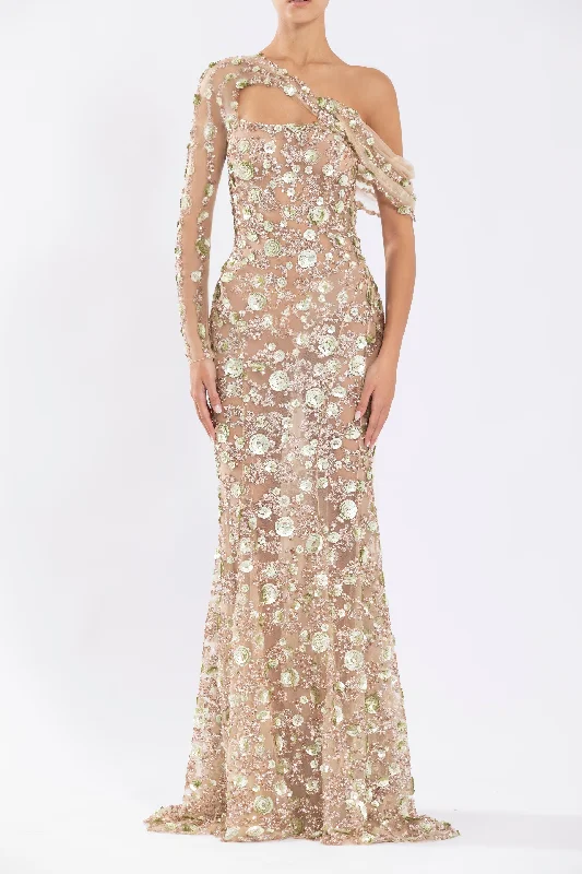 Tulle one-shoulder sleeve, dress with dotted beading a tulle tail