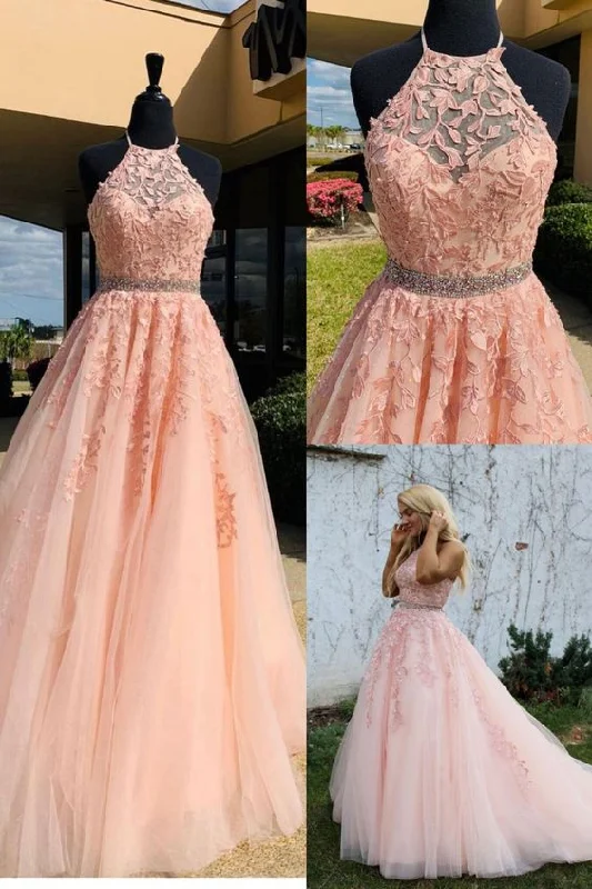 Halter Pink Lace Prom Dress with Appliques C1024